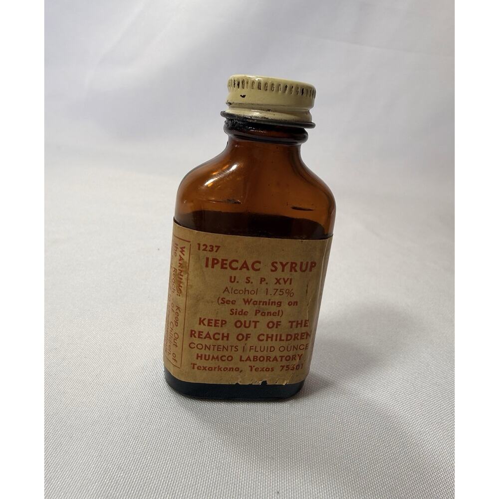 Rare Vintage Amber Bottle of Ipecac Syrup by Humco Laboratories With Cap (empty)